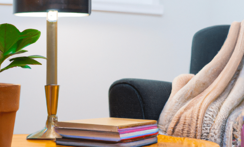 Obraz przedstawiający niezbędne akcesoria do domu: przytulny koc narzucony na stylowy fotel, wszechstronną podnóżek do przechowywania, elegancką lampę stołową oświetlającą stos książek oraz żywą roślinę doniczkową, która ożywia przestrzeń