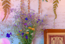 Obraz przedstawiający oszczędny wazon wypełniony żywymi polnymi kwiatami, otoczony oprawionymi w ramki odbitkami botanicznymi w stylu vintage na eleganckim stole w stylu shabby chic.