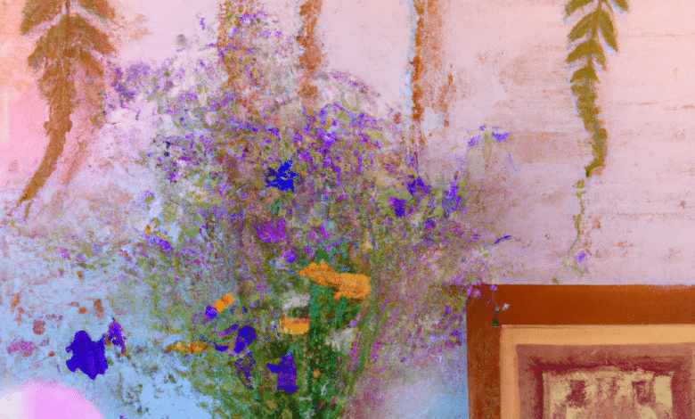 Obraz przedstawiający oszczędny wazon wypełniony żywymi polnymi kwiatami, otoczony oprawionymi w ramki odbitkami botanicznymi w stylu vintage na eleganckim stole w stylu shabby chic.