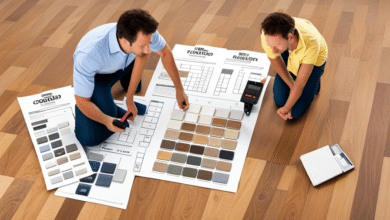 Obraz przedstawiający konsumenta porównującego ceny różnych rodzajów paneli podłogowych z ceną na każdym panelu