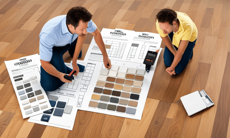 Obraz przedstawiający konsumenta porównującego ceny różnych rodzajów paneli podłogowych z ceną na każdym panelu