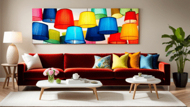 Obraz przedstawiający żywy zestaw wielobarwnych abażurów oświetlających nowoczesny salon, emanujący radosną i radosną atmosferą