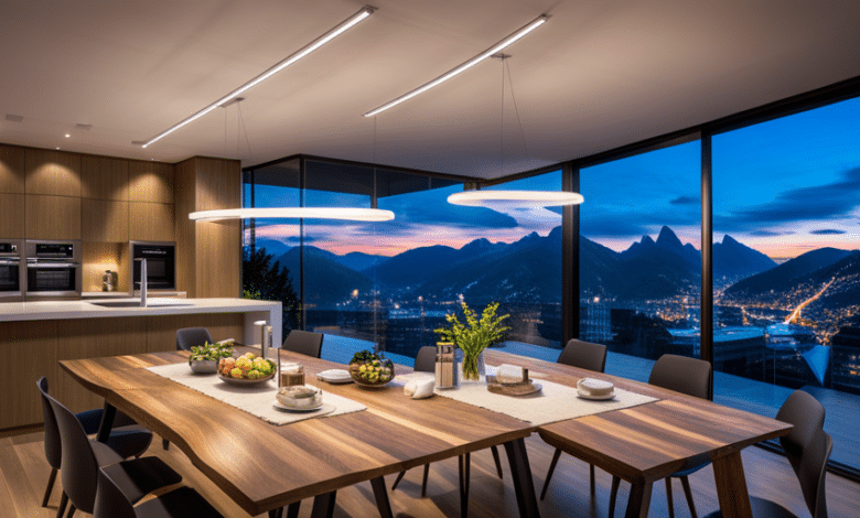 Obraz przedstawiający nowoczesny dom oświetlony energooszczędnymi lampami LED