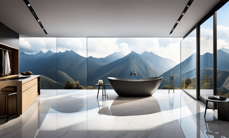 Obraz przedstawiający nowoczesne projekty łazienek z eleganckimi, minimalistycznymi urządzeniami, luksusowymi marmurowymi blatami i dużymi oknami sięgającymi od podłogi do sufitu, zalanymi naturalnym światłem, przekształcającymi przestrzeń w spokojną oazę