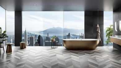 Obraz przedstawiający różnorodne układy płytek łazienkowych inspirowane różnymi stylami i trendami