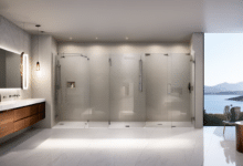 Obraz przedstawiający nowoczesny projekt łazienki z elegancką armaturą, przestronnym prysznicem, minimalistyczną toaletką i eleganckim oświetleniem, podkreślający funkcjonalne i estetyczne rozwiązania dla projektu łazienki.